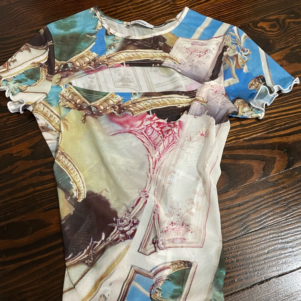 Miaou Multicolor Baroque Print Short Sleeve Tee - Blue, White, Pink, Gold, Green